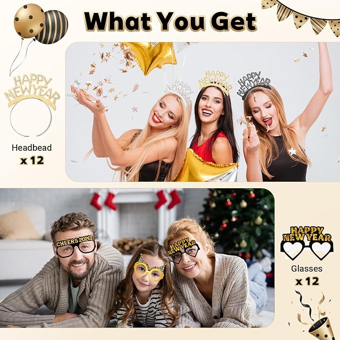 New Year Party Favors 2026, 98PCS Happy New Year Decorations & New Years Eve Party Supplies Set with Headbands, Glasses, Hats, Noise Makers, Photo Booth Props, Frame, Black Gold Party Kit