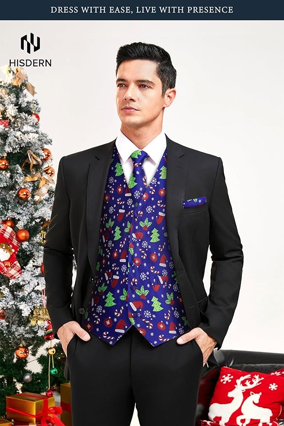 HISDERN Men's Suit Vest Christmas Holiday Season Party Jacquard Waistcoats Necktie Pocket Square Vest Suit Set