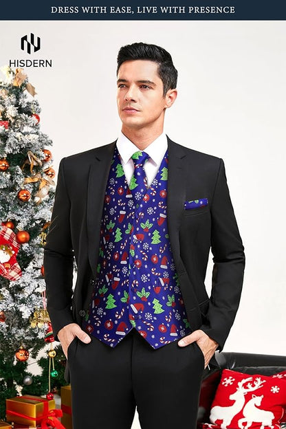HISDERN Men's Suit Vest Christmas Holiday Season Party Jacquard Waistcoats Necktie Pocket Square Vest Suit Set