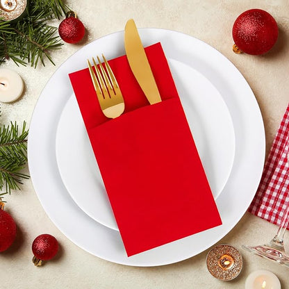 KAMMAK Red Napkins Disposable Dinner Paper Napkins with Pocket 100 Pack Cloth Like Folded Wedding Reception Napkin Guest Hand Towels for Party Decoration, Bathroom, Kitchen, Hotel (16.5 x 16.5 inch)