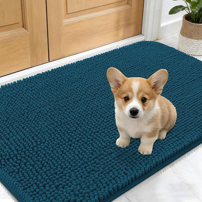 OLANLY Dog Door Mat for Muddy Paws 30x17, Absorbs Moisture and Dirt, Absorbent Non-Slip Washable Doormat, Quick Dry Chenille Mud Mat, Entry Indoor Entryway Carpet for Inside Floor, Atlantic Blue