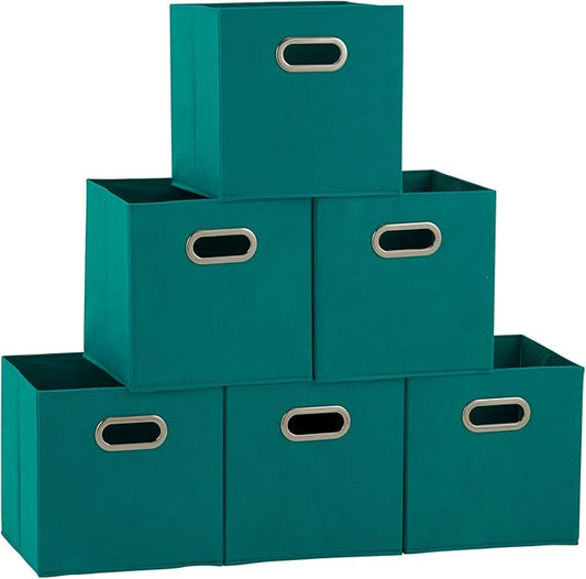 Household Essentials 83-1 Foldable Fabric Storage Bins | Set of 6 Cubby Cubes with Handles | Aqua (Pack of 6)