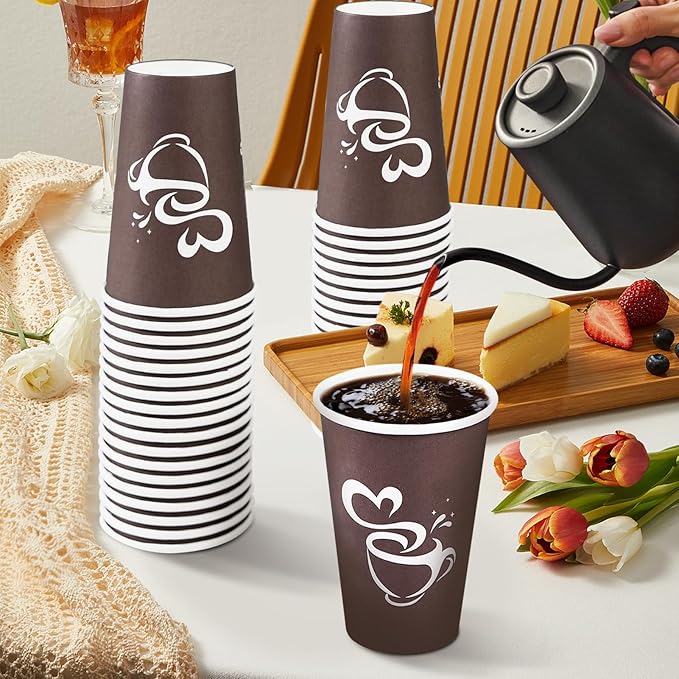 180 Count 16 oz Paper Coffee Cups, Disposable Drinking Cup for Hot or Cold Beverage, 16 ounce Brown Coffee Cups for Party, Home, Travel, Picnic