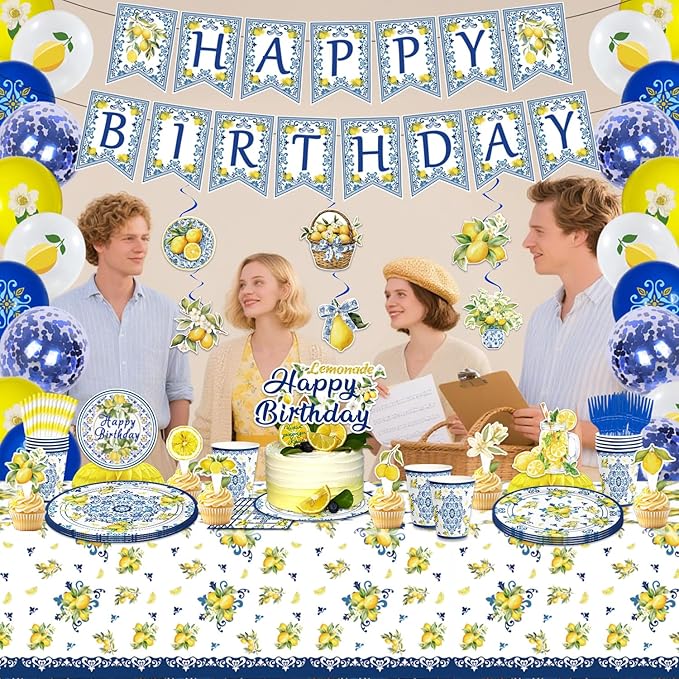 188PCS Capri Lemon Party Supplies Blue Tiles Yellow Birthday Decorations Amalfi Coast Lemon Summer Citrus Mediterranean Plates Napkins Set Banner Tablecloth CakeTopper Balloon Honeycomb Centerpieces