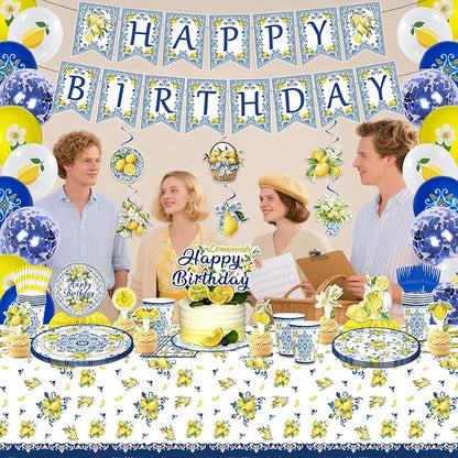 188PCS Capri Lemon Party Supplies Blue Tiles Yellow Birthday Decorations Amalfi Coast Lemon Summer Citrus Mediterranean Plates Napkins Set Banner Tablecloth CakeTopper Balloon Honeycomb Centerpieces