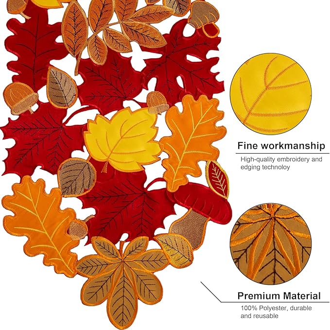 Joyfol Day Fall Leaves Table Runner 14 x 69 inch, Thanksgiving Harvest Rust Maple Leaves Table Runners, Embroidered Autumn Dresser Scarf for Harvest Party Dinner Seasonal Decoration