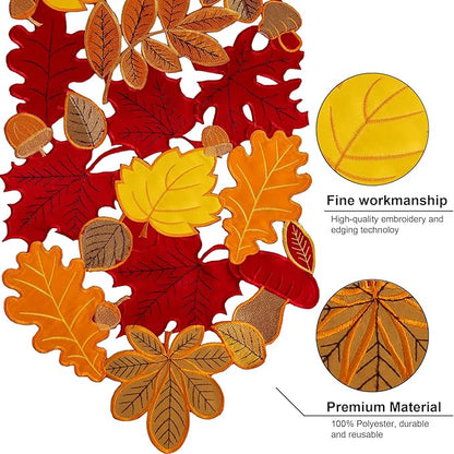 Joyfol Day Fall Leaves Table Runner 14 x 33 inch, Thanksgiving Harvest Rust Maple Leaves Table Runners, Embroidered Autumn Dresser Scarf for Harvest Party Dinner Seasonal Decoration