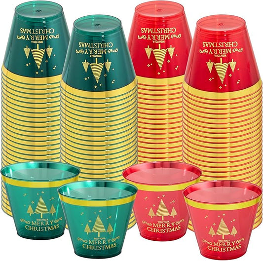 I00000 60PCS Merry Christmas Party Cups - Christmas Disposable Cups 9 Oz Green Party Cups Wine Glasses Gold Rim Clear Plastic Cocktail Cups Tumblers Drinking Cups for Xmas Parties