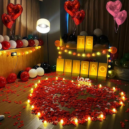Te Quiero Lighted Letters Sign 17pcs Luminary Paper Bags 2200pcs Red Pink Artificial Rose Petals 48pcs Flameless LED Candle Tealight 15pcs Heart Balloons Romantic Night Valentine's Day
