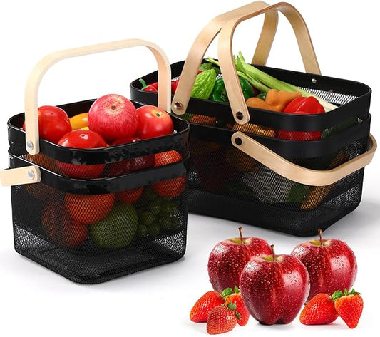 Zonon 4 Pack Picnic Harvest Baskets, 2 Size Metal Mesh Harvest Storage Basket with Foldable Wooden Handle, Rectangle Durable Vegetables Fruit Basket for Garden Bathroom Kitchen Organizing, Black