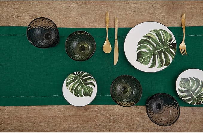 Solino Home Linen Rainforest Green Hemstitch Table Runner 48 Inches - 100% Pure Linen Small Table Runner 14 x 48 Inch Ideal for Dresser and Coffee Tables - Classic Hemstitch - Christmas, New Year