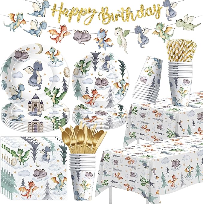 Dragon Birthday Party Supplies, Magic Dragons Party Decorations, Paper Plate, Napkin, Cup, Tablecloth, Cutlery, Magical Dragon Birthday Baby Shower Table Decorations, Serves 24