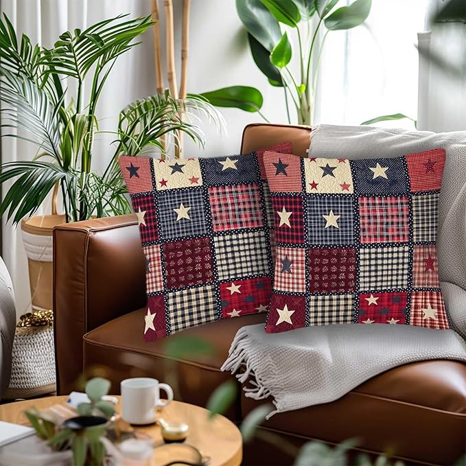 Flag Patchwork Print Throw Pillow Covers Set of 2 | 18x18 Inches Cushion Cases for Couch, Sofa, Bedroom and Living Room | Farmhouse Pillowcases for Home Decoration