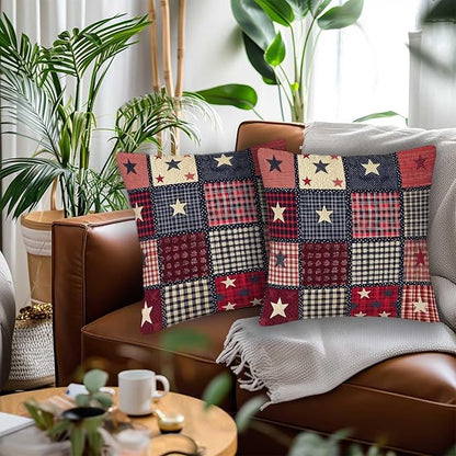 Flag Patchwork Print Throw Pillow Covers Set of 2 | 18x18 Inches Cushion Cases for Couch, Sofa, Bedroom and Living Room | Farmhouse Pillowcases for Home Decoration