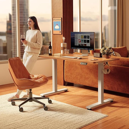 FEZIBO Electric Standing Desk, 55 x 28 Inches Height Adjustable, Sit Stand Up, Computer Home Office Desk with Splice Board (Light Rustic)