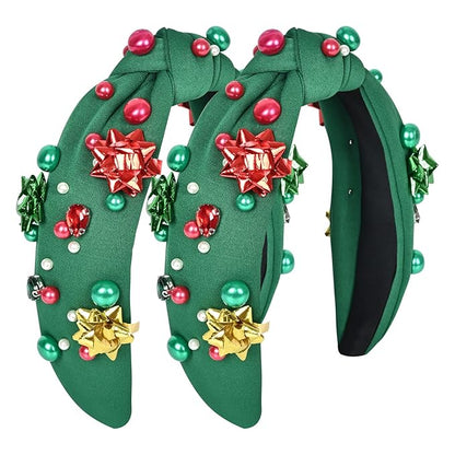 Christmas Headband for Women & Bride with Flower, Pearl & Crystal - Knotted Hairband, Top Knot Headpiece for Ugly Christmas Sweater, Holiday Party Costume, Dresses & Tops, Festive Gift (Green