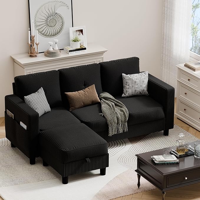 JAMFLY Convertible Sectional Couches for Living Room, L-Shaped Couch 3 Seat Sectional Sofa Set with Corduroy Fabric and Movable Ottoman Small Couch for Apartments, Office(Black)