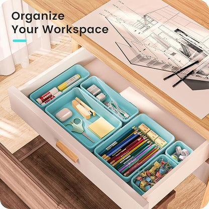 【𝟮𝟴𝗣𝗖𝗦】 【𝟱𝗦𝗶𝘇𝗲】 BlueGreen Drawer Organizer, Makeup organizer, 【Holds 177 Items】 Bathroom Organizers and Storage, Plastic Desk Organizer Divider, Organizer Bins for Office Vanity A-LUGEI