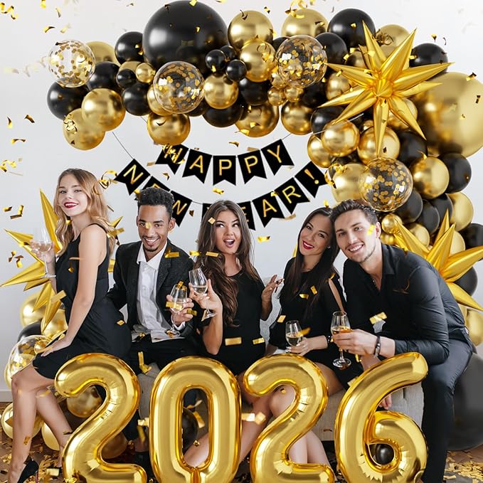 140Pcs New Year Decorations 2026 Balloons Arch - Party Supplies 2026 with Black & Gold 2026 Balloons, Happy New Year Banner - Perfect for Eve Celebrations