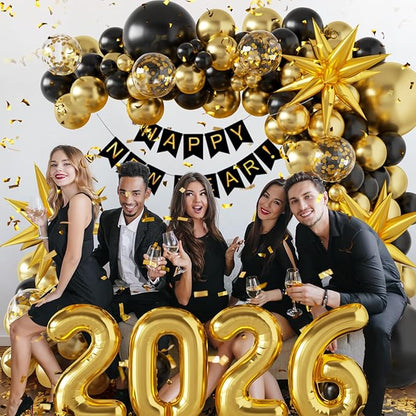 140Pcs New Year Decorations 2026 Balloons Arch - Party Supplies 2026 with Black & Gold 2026 Balloons, Happy New Year Banner - Perfect for Eve Celebrations