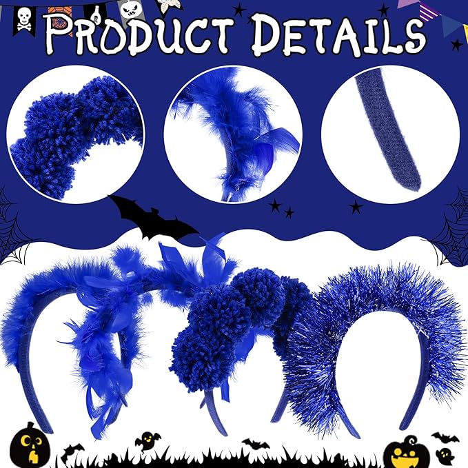 12 Pcs Christmas Fuzzy Pom Pom Headbands Fluffy Yarn Feather Tinsel Spirit Party Headwear for Birthday Festival