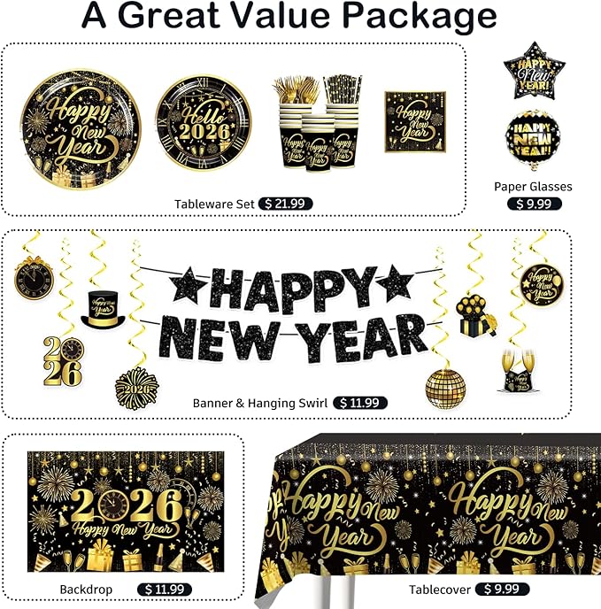 New Years Decorations 2026, New Years Eve Party Banner Backdrop, Foil Balloons, Hanging Swirls, Happy New Year Plates and Napkins Gold and Black Nye Party Decorations New Year's Eve Party Supplies
