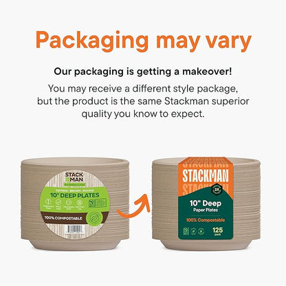 Stack Man Deep Dish Paper Plates, Heavy Duty Disposable Dinner Plates [125-Pack] 10 Inch Plates - 100% Compostable Eco-Friendly, Biodegradable Sugarcane Bagasse, Natural Brown 10" (9" Deep)