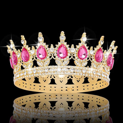 Queen Crown Rhinestone Wedding Crowns and Tiaras for Women Costume Party Hair Accessories Princess Birthday Crown Crystal Bridal Crown (Gold & Rose Crown)