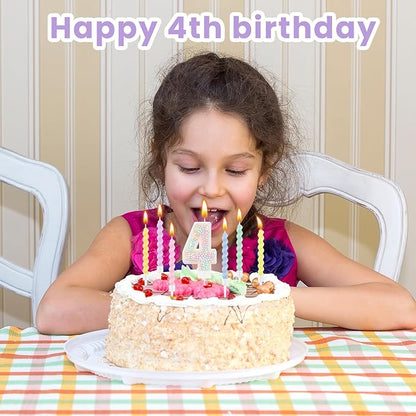 MTLEE Number 4 Birthday Candle with 12 Pcs Spiral Candles for Girls Macaron Pastel Rainbow Unicorn Pink Cake Topper for Sweet Theme Party Decoration