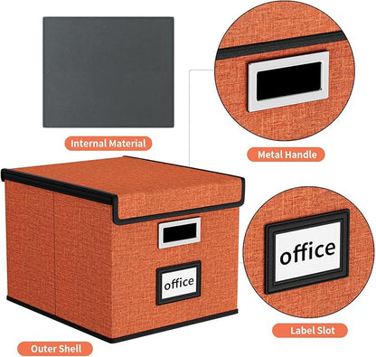 Huolewa File Organizer Box with Lid, Collapsible File Folder Organizer for Office Document Storage, Filing Box with Plastic Slide for Letter Size Hanging File Folders(1 Pack, Reddish Organge)