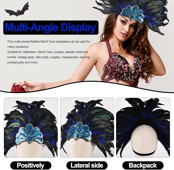 Women's Carnival Feather Headpieces Sequin Headdress for Wedding Masquerade Party Cosplay Feather Headbands