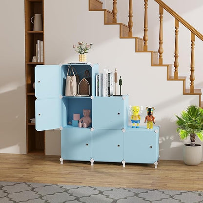 Cube Storage Organizer, 6-Cube Shelves Unit with Doors, DIY Stackable Plastic Clothes Organizer for Bedroom and Under Stairs Storage Unit, Each Compartment 30 x 30 x 30 cm Blue ATTSL6005
