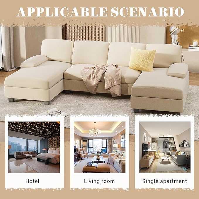 Furniwell Convertible Sectional Sofa Couch, 4 Seat Sofa Set for Living Room U-Shaped Modern Fabric Modular Sofa Sleeper with Double Chaise & Memory Foam (Fabric, White)