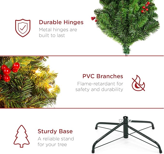 Best Choice Products 12ft Pre-Lit Spruce Pencil Christmas Tree Pre-Decorated for Home, Office, Party, Holiday Decoration w/ 1,818 Tips, 700 Lights, Pine Cones, Metal Hinges & Base - Green