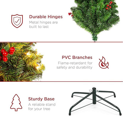 Best Choice Products 12ft Pre-Lit Spruce Pencil Christmas Tree Pre-Decorated for Home, Office, Party, Holiday Decoration w/ 1,818 Tips, 700 Lights, Pine Cones, Metal Hinges & Base - Green