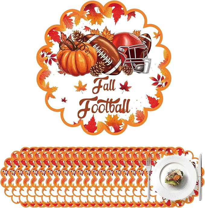100 Pcs Thanksgiving Fall Paper Placemats Disposable Scalloped Fall Football Paper Placemats Autumn Football Maple Leaf Placemat Harvest Table Mats for Autumn Party Home Kitchen Dining Table Decor