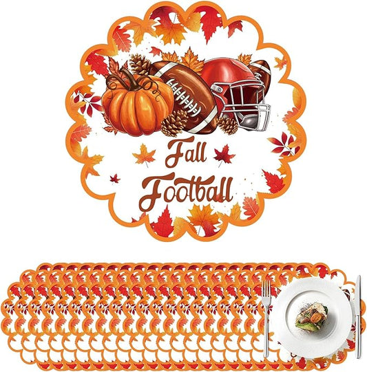 100 Pcs Thanksgiving Fall Paper Placemats Disposable Scalloped Fall Football Paper Placemats Autumn Football Maple Leaf Placemat Harvest Table Mats for Autumn Party Home Kitchen Dining Table Decor