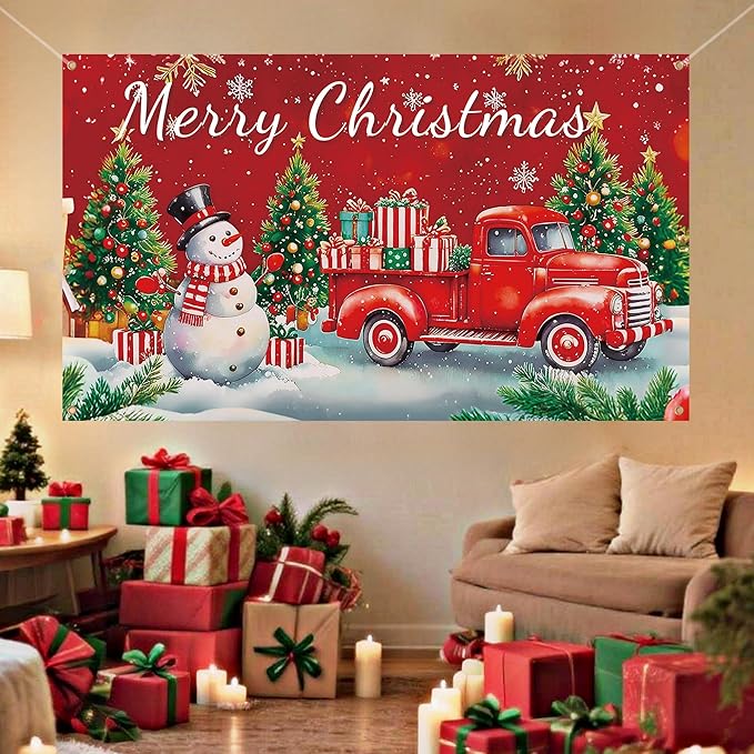 HOOSUN Christmas Decorations Indoor,72 x 44 Inch Merry Christmas Backdrop Banner,Xmas Tree Snowman Banners for Party Decorations,Wall Banner Photo Booth Backdrop Xmas Decor for Party,Wall,Yard,Garage