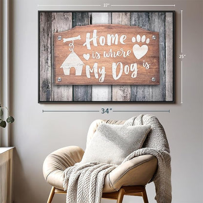 Elephant Stock Home Is Where My Dog Is Wall Art - Horizontal Floating Framed Canvas - 1-Piece Living Room Wall Decor - Pet Digital Art Canvas Print - Gray and Beige Decor for Wall - 37" X 25"