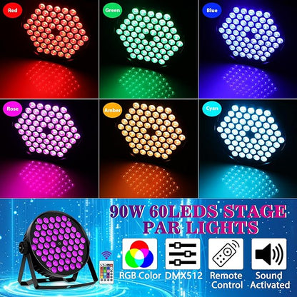 Stage Par Lights,90W 60 LED RGB Stage Par Light DJ Can Lights Sound Activated Auto Play by Remote&DMX Control DJ Stage Party Lighting for Events Wedding Church Party DJ Live Show 4Pack