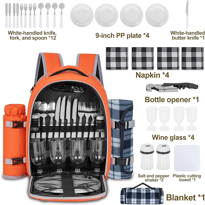 Picnic Backpack for 4 Persons with Insulated Leakproof Cooler Compartment, Cutlery Sets, Wine Holder, Fleece Blanket, Wedding Gifts for Couples, Perfect for Beach, Camping, Hiking, Orange