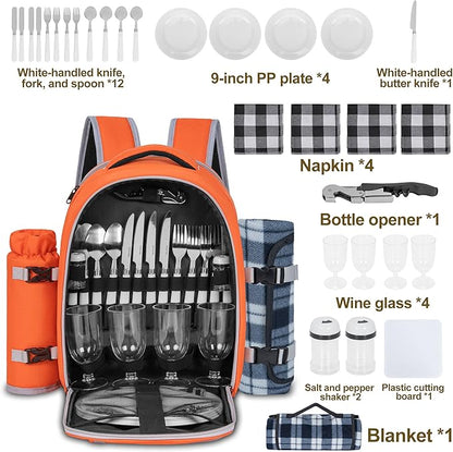 Picnic Backpack for 4 Persons with Insulated Leakproof Cooler Compartment, Cutlery Sets, Wine Holder, Fleece Blanket, Wedding Gifts for Couples, Perfect for Beach, Camping, Hiking, Orange
