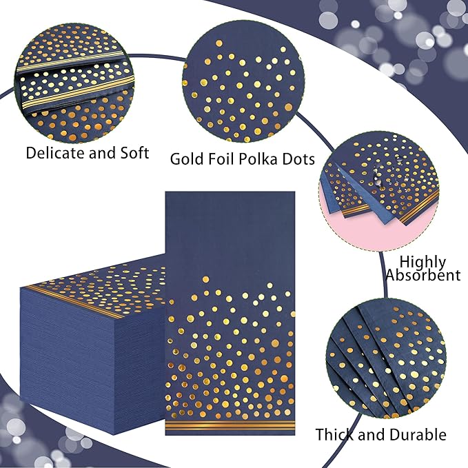 100 Pcs Blue Paper Napkins Disposable - Blue Gold Dot Party Napkins Navy Blue Dinner Napkins for Wedding Anniversary Birthday Bathroom Party Supplies