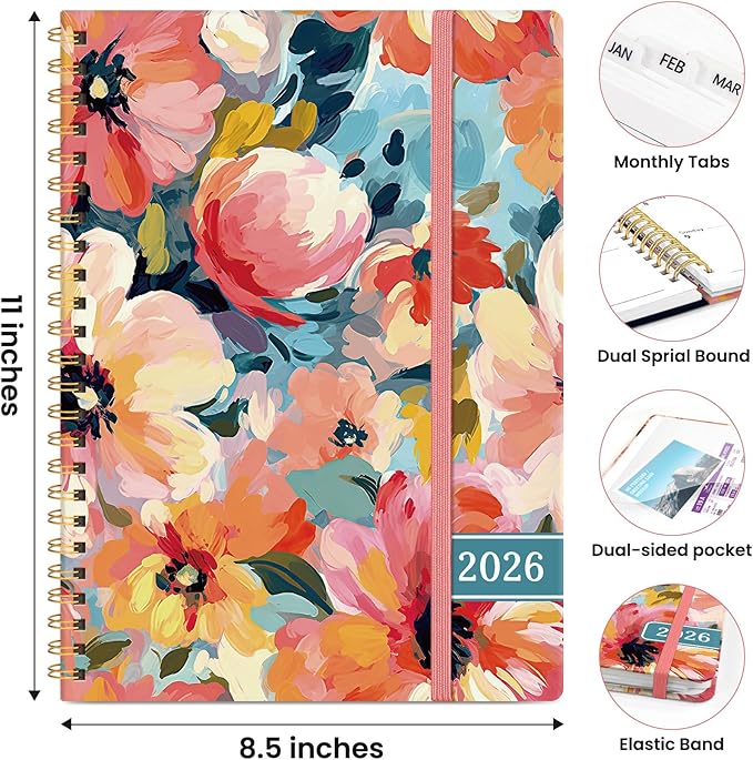 2026 Planner, Weekly and Monthly Planner for Women, Jan 2026 - Dec 2026 Pretty 2026 Calendar Planner with Monthly Tabs, Inner Pocket, Spiral Binding, Perfect for Office Home School - 8.5" x 11", Pastel Garden