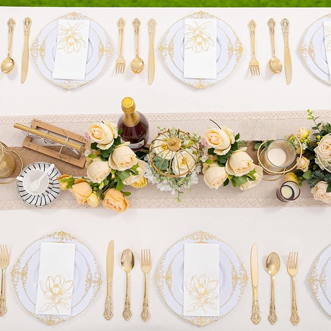 50 Pack Gold Magnolia Napkins - Gold Floral Disposable Napkins - Cloth-Like Feel Dinner Paper - Retro Heavy Duty Hand Towels for Bathroom Wedding Holiday Party Bridal Decorative Towels