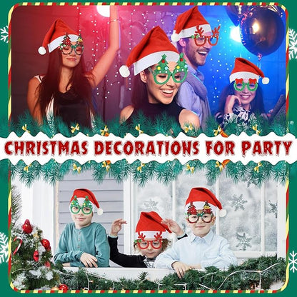 Hiboom 100 Piece Bulk Santa Hat Glasses Costume Set Christmas Santa Hats Xmas Tree Elk Glasses Funny Glitter Frames Eyewear for Christmas Holiday Party Gift Photo Booth Props Decorations