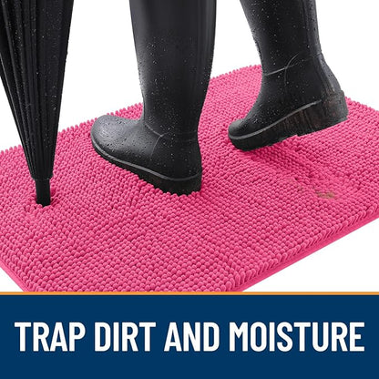 OLANLY Dog Door Mat for Muddy Paws 44x24, Absorbs Moisture and Dirt, Absorbent Non-Slip Washable Doormat, Quick Dry Chenille Mud Mat for Dogs, Entry Indoor Entryway Carpet for Inside Floor, Hot Pink