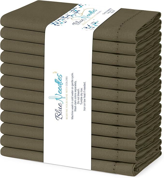 Blue Needles Set of 12 Hemstitch Linen Napkins 100% Cotton Olive Green Cloth Dinner Napkins 18x18 inches, Soft, Reusable, Absorbent, Washable Ideal for Fall Thanksgiving Events, Parties & Everyday Use