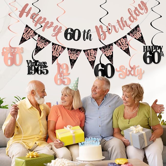60th Birthday Decorations for Women, Black Rose Gold Happy 60th Birthday Banner Hanging Swirls Vintage 1965 Decorations Kit Cheers to 60 Party Supplies