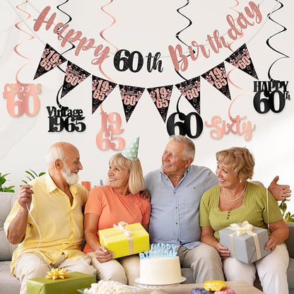 60th Birthday Decorations for Women, Black Rose Gold Happy 60th Birthday Banner Hanging Swirls Vintage 1965 Decorations Kit Cheers to 60 Party Supplies